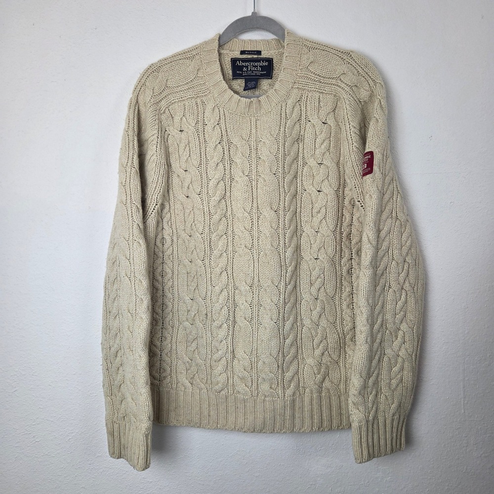 Abercrombie & Fitch Men XL Cable Knit Wool Blend Sweater Ivory Cream Muscle Fit